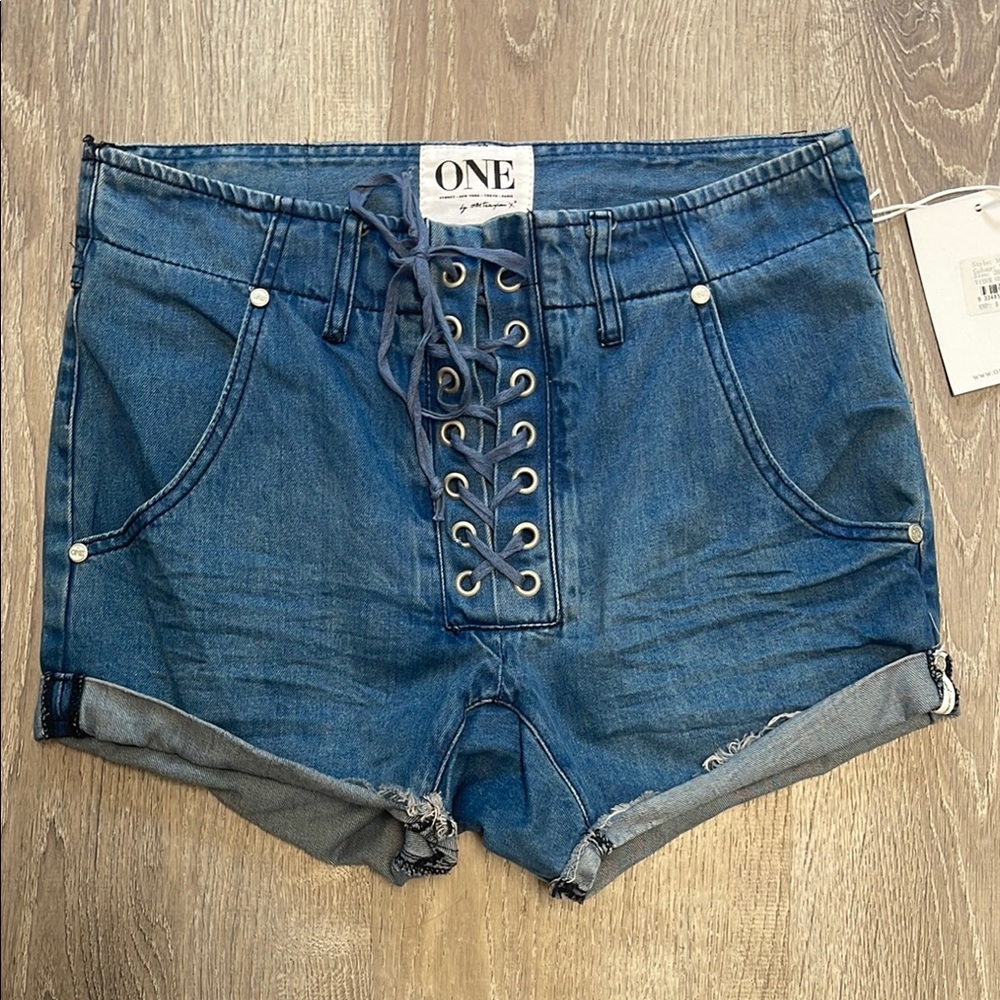 One Teaspoon Dark Blue Lace-Up Jean Shorts